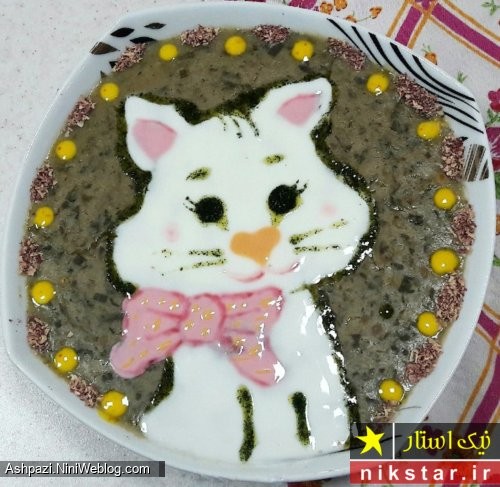 عکس تزئین آش رشته به شکل گربه برای پذیرایی از مهمان بچه غذای کودک