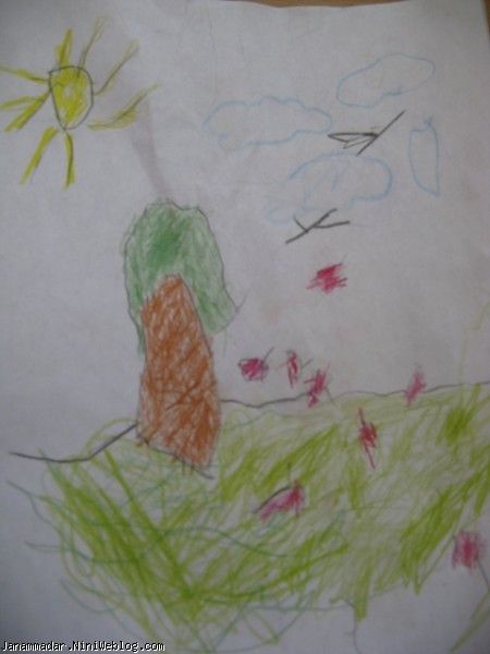 اولین نقاشی پسرم. درخت سیب و خورشید زیبا و حدو برق - 7 آبان ماه