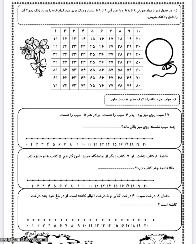 کاربرگ و سوالات ریاضی پایه اول - 5