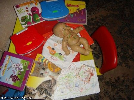 مجوعه کتابها و کامپیوترهایشان و عروسکی که رویش نقاشی کشیده اند